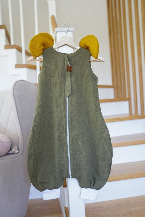 Hi Little One śpiworek do spania z nogawkami dla Niemowlaka TOG 1,0 BIO muślin ELEPHANT Green Hunter/Mustard roz S