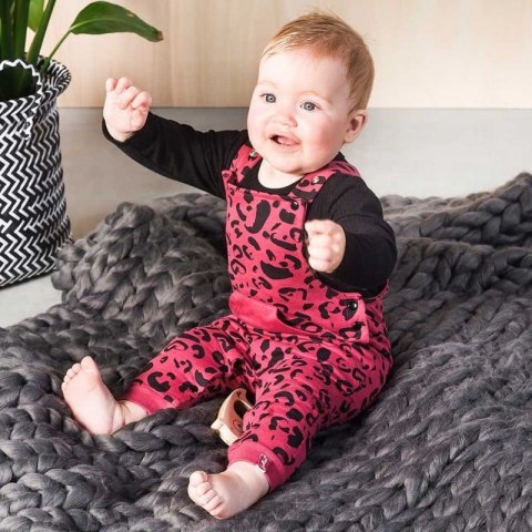 Jollein - Ogrodniczki rozpinane z BIO bawełny organicznej LEOPARD Maroon Red 74/80