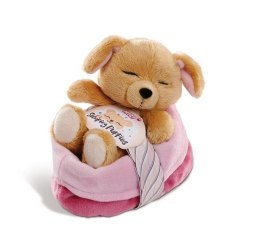 NICI 48111 Maskotka Sleeping Puppies piesek 12cm karmelowy w różowo-fioletowym koszyku