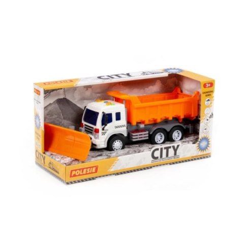 Polesie 04618 "City", samochód-wywrotka z pługiem do odśnieżania inercyjny, ze światłem i dźwiękiem, pomarańczowy w pudełku