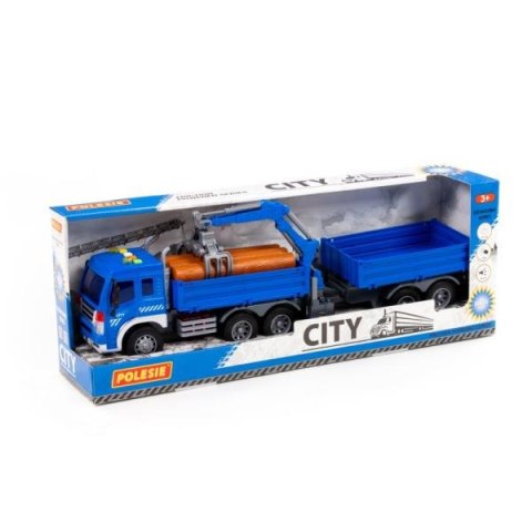 Polesie 96036 "City", samochód burtowy z podnośnikiem i przyczepą inercyjny, ze światłem i dźwiękiem, niebieski w pudełku