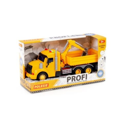 Polesie 96111 "Profi", samochód burtowy z koparką inercyjny, ze światłem i dźwiękiem, żółty w pudełku