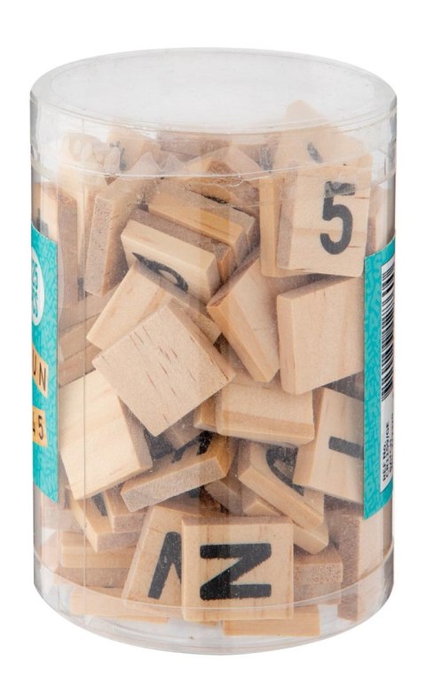 Litery, cyfry, symbole drewniane w tubie, 2*1,8cm,