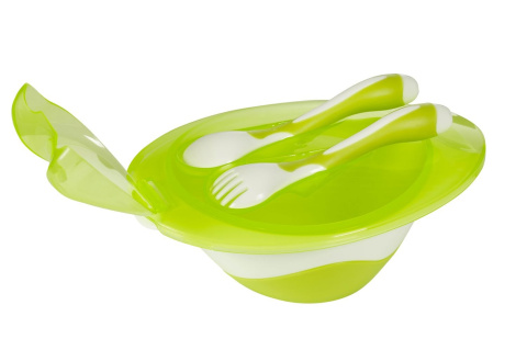 Miseczka z łyżeczką i widelcem 6m+ Baby Ono 1064 zielony