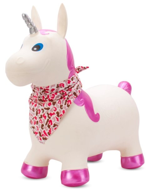 Skoczek gumowy dla dzieci JEDNOROŻEC 60 cm biały z błyszczącym rogiem, z bandaną do skakania z pompką