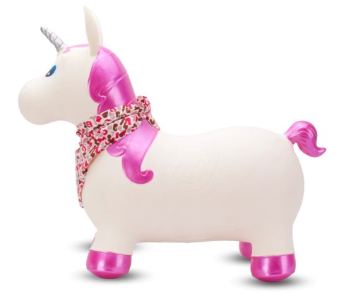 Skoczek gumowy dla dzieci JEDNOROŻEC 60 cm biały z błyszczącym rogiem, z bandaną do skakania z pompką