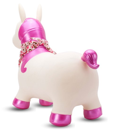 Skoczek gumowy dla dzieci JEDNOROŻEC 60 cm biały z błyszczącym rogiem, z bandaną do skakania z pompką