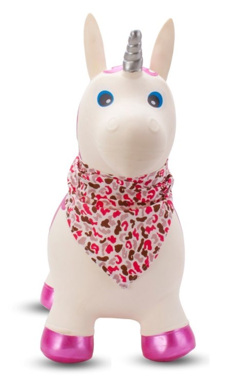 Skoczek gumowy dla dzieci JEDNOROŻEC 60 cm biały z błyszczącym rogiem, z bandaną do skakania z pompką