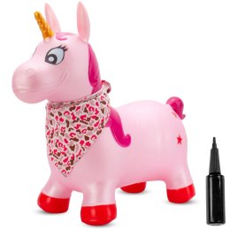 Skoczek gumowy dla dzieci JEDNOROŻEC 60 cm różowy perłowy z bandaną do skakania z pompką