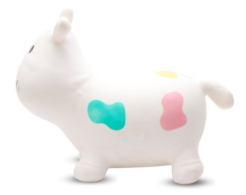 Skoczek gumowy dla dzieci KRÓWKA 57 cm biała z kolorowymi łatkami do skakania z pompką