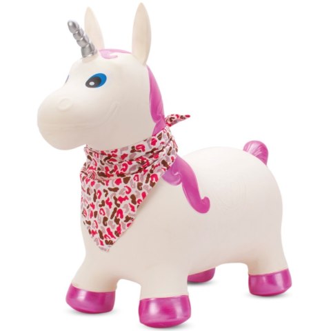 Skoczek gumowy dla dzieci JEDNOROŻEC 60 cm biały z błyszczącym rogiem, z bandaną do skakania z pompką