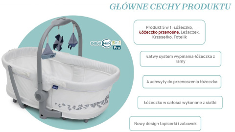 BABY HUG PRO 5w1 WHITE CREAM leżaczek kołyska łóżeczko krzesełko do karmienia Chicco