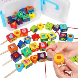 KORALIKI KLOCKI DREWNIANE DO NAWLEKANIA MONTESSORI 42 EL. ALFABET ZWIERZĘTA OWOCE