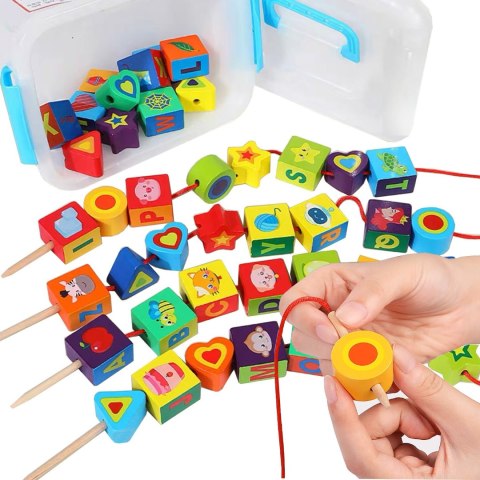 KORALIKI KLOCKI DREWNIANE DO NAWLEKANIA MONTESSORI 42 EL. ALFABET ZWIERZĘTA OWOCE