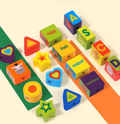 KORALIKI KLOCKI DREWNIANE DO NAWLEKANIA MONTESSORI 42 EL. ALFABET ZWIERZĘTA OWOCE