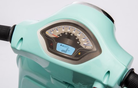 Jeździk akumulatorowy Scooter Vespa z siedzeniem z ekoskóry z przeszyciem i oparciem - turkusowy