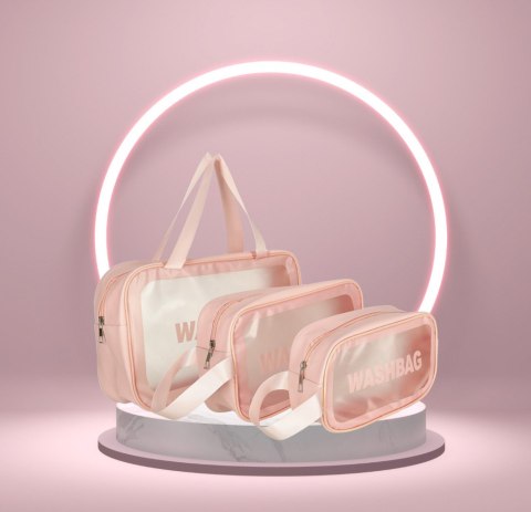 Kosmetyczka podróżna przezroczysta transparentna wodoodporna organizer do samolotu 3 sztuki różowa