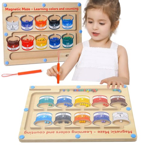 DREWNIANY LABIRYNT MAGNETYCZNY MONTESSORI NAUKA KOLORÓW I LICZENIA