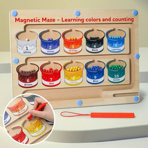 DREWNIANY LABIRYNT MAGNETYCZNY MONTESSORI NAUKA KOLORÓW I LICZENIA