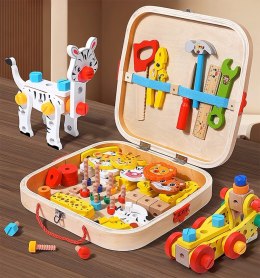 ZESTAW MAJSTERKOWICZA ZABAWA W WARSZTAT DREWNIANY SKRZYNKA NARZĘDZIA ZWIERZĘTA