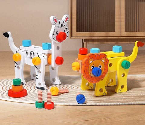 ZESTAW MAJSTERKOWICZA ZABAWA W WARSZTAT DREWNIANY SKRZYNKA NARZĘDZIA ZWIERZĘTA