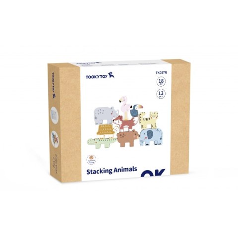 TOOKY TOY Drewniane Klocki Układanka Wieża Stacker Stosy Zwierzątka Montessori 13 el.