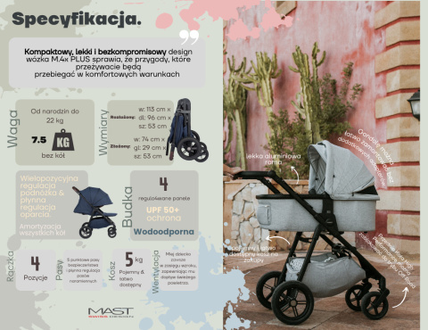 M4x Plus MAST Swiss Design wózek spacerowy do 22 kg, waży tylko 9,5kg koła HP - Rose