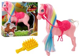 Figurka Koń Z Kolorową Grzywą Różowe Siodło Szczotka Farma Różowy