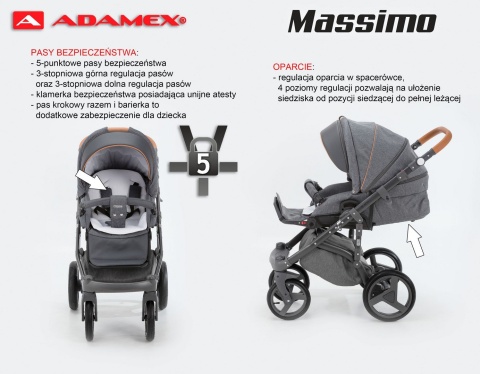 MASSIMO DELUXE 4W1 ADAMEX wózek dziecięcy, fotelik Kite 0-13kg + baza IsoFix - Polski Produkt