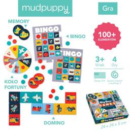 Mudpuppy Zestaw 4 gier Memo, Bingo, Domino i Koło fortuny Transport