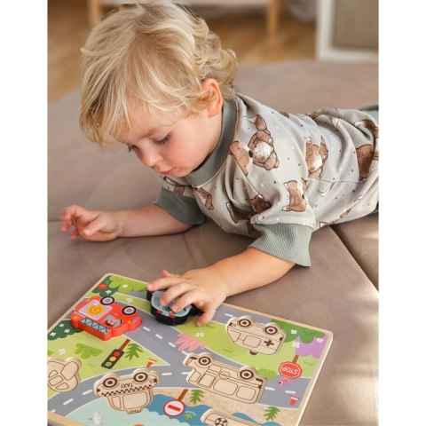 TOOKY TOY Drewniane Puzzle Montessori Pojazdy Samochody Samolot Statek Miasto Dopasuj Kształty