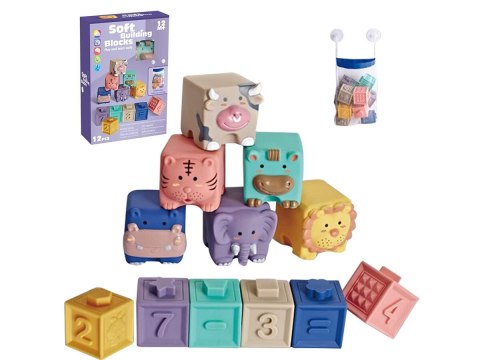 Miękkie Klocki Sensoryczne Zwierzęta, Figury geometryczne, Cyfry 12 sztuk, Edukacyjny zestaw klocków dla malucha