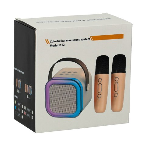 Zestaw do karaoke głośnik Bluetooth 2 mikrofony USB LED 6W beżowy