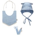 Hi Little One bonetka niemowlęca z daszkiem i uszkami BOHO LEO Light Blue roz S Pom Pom