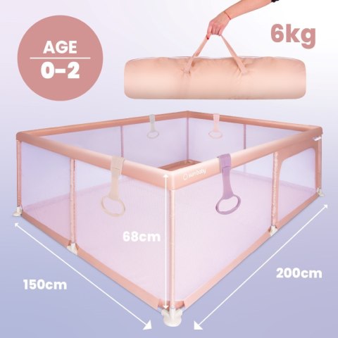 Kojec dla dziecka łóżeczko DUŻY PLAC ZABAW 150 x 200 x 68 cm - łososiowy + uchwyty do kojca