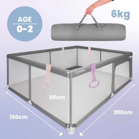 Kojec dla dziecka łóżeczko DUŻY PLAC ZABAW 150 x 200 x 68 cm - szary + uchwyty do kojca st2