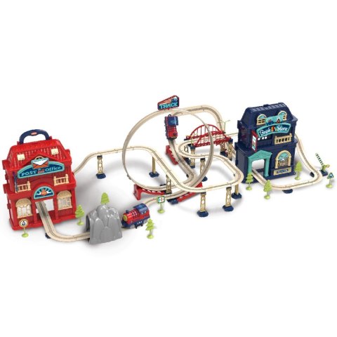 Kolejka elektryczna 2w1 składana w walizce 129 elementów Tory kolejowe Pociąg Lokomotywa Zestaw