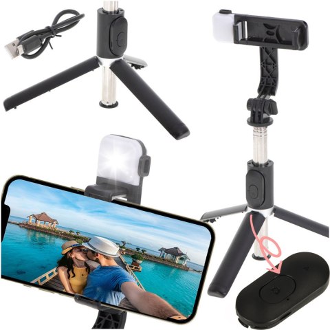 Kijek do selfie z pilotem Bluetooth statyw tripod lampka LED czarny