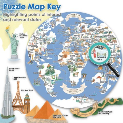 Bopster, okrągłe ilustowane puzzle 1000 el Mapa Świata 4 w 1 ludność/zwierzęta/zabytki/daty