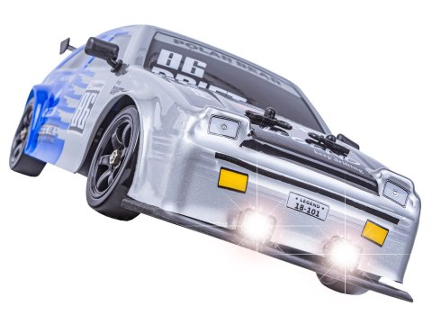 DUŻY Samochód Do Driftu Auto RC Drift 1:16 2,4 GHz PARA DYM Srebrna Toyota 4WD LED