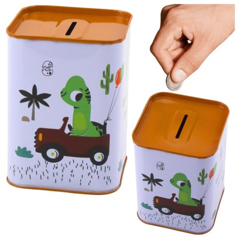 Skarbonka Dinozaur W Samochodzie Nauka Oszczędzania Metalowa 11x8cm