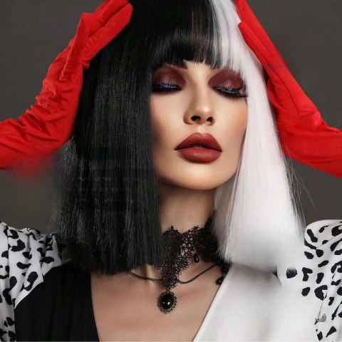 PERUKA WŁOSY KRÓTKIE CZARNO BIAŁE Z GRZYWKĄ KARNAWAŁ PARTY FOTOBUDKA PANIEŃSKI URODZINY