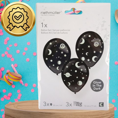 BALONY DMUCHANE LATEKSOWE CZARNE 3 SZT + NAKLEJKI GWIAZDKI FLUO NA URODZINY