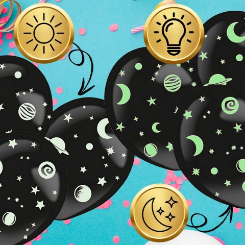 BALONY DMUCHANE LATEKSOWE CZARNE 3 SZT + NAKLEJKI GWIAZDKI FLUO NA URODZINY