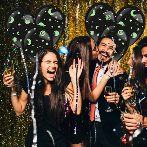 BALONY DMUCHANE LATEKSOWE CZARNE 3 SZT + NAKLEJKI GWIAZDKI FLUO NA URODZINY