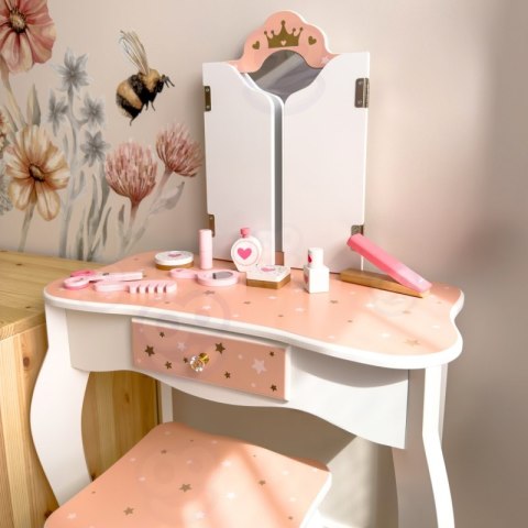 TOOKY TOY Drewniana Toaletka z Krzesełkiem Składane Lusterko Akcesoria 15 el.