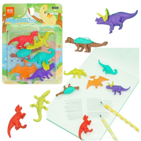 Zestaw Gumek Do Ścierania Zmazywania Szkolne Dinozaury 6szt