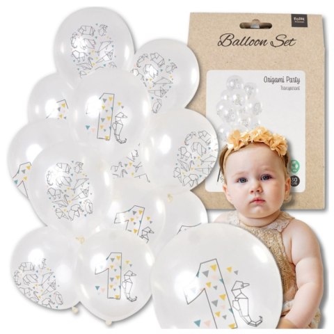 DUŻE BALONY TRANSPARENTNE BIAŁE 12 SZT ROCZEK ORIGAMI PIERWSZE URODZINY