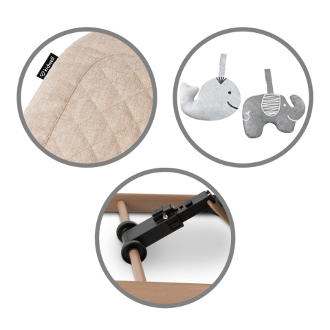 LARO Kidwell Bujaczek leżaczek + pałąk z zabawkami dla dzieci 0m+ do 9kg - Beige/Wooden