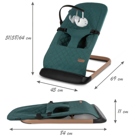 LARO Kidwell Bujaczek leżaczek + pałąk z zabawkami dla dzieci 0m+ do 9kg - Green/Wooden